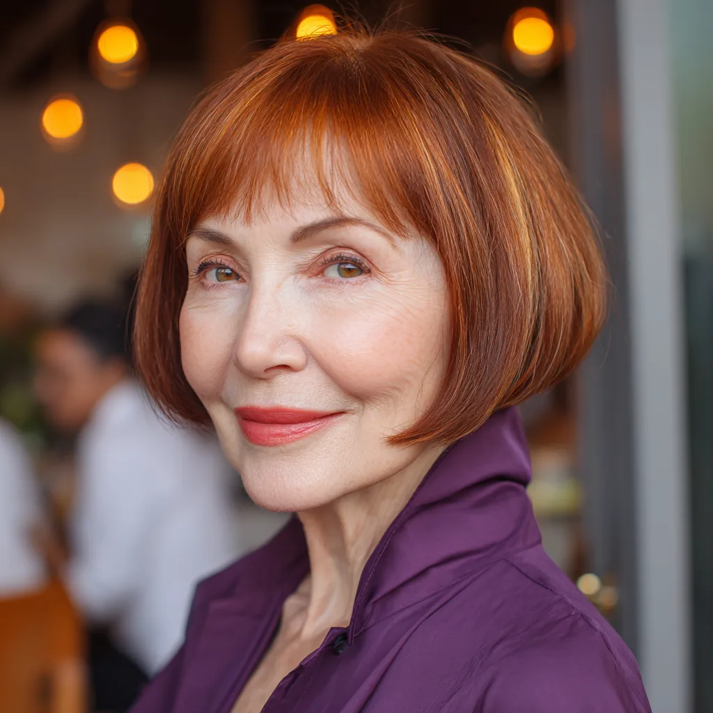 Vibrant Copper Jaw-Length Bob with Side-Swept Bangs