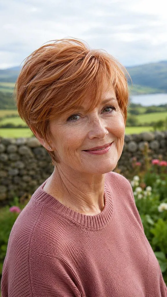 Vibrant copper long pixie with sweeping textured layers