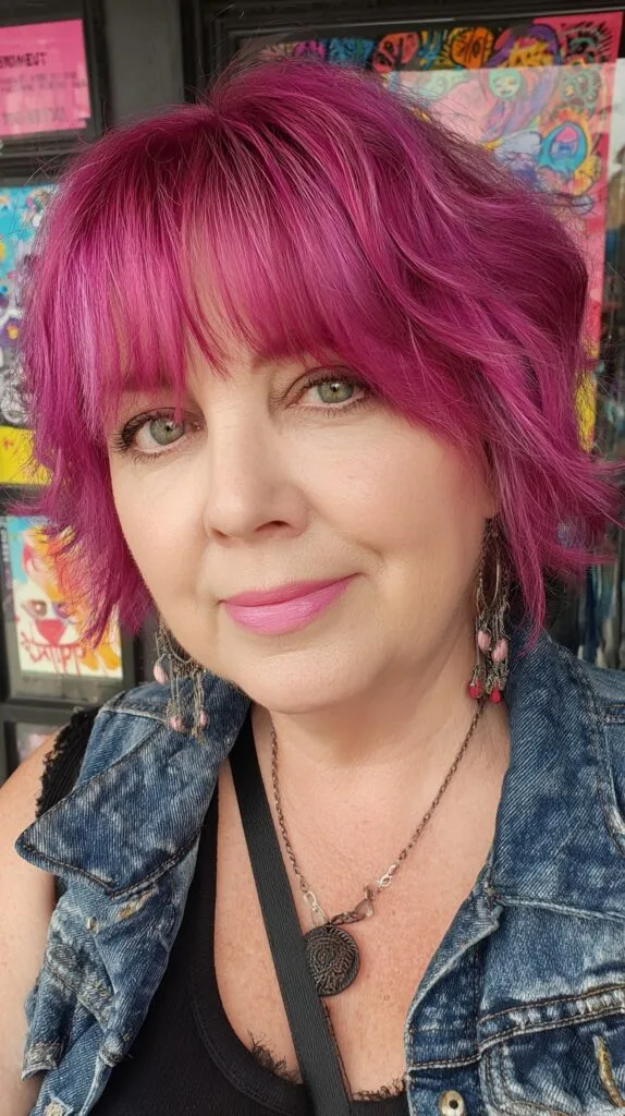 Vivid Magenta Layered Shag with Wispy Fringe