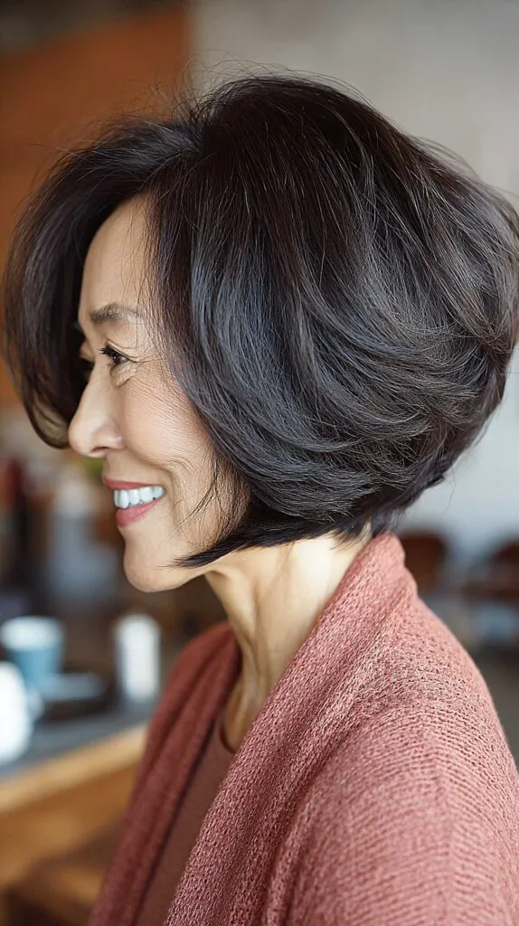 Voluminous black layered angled bob with soft body