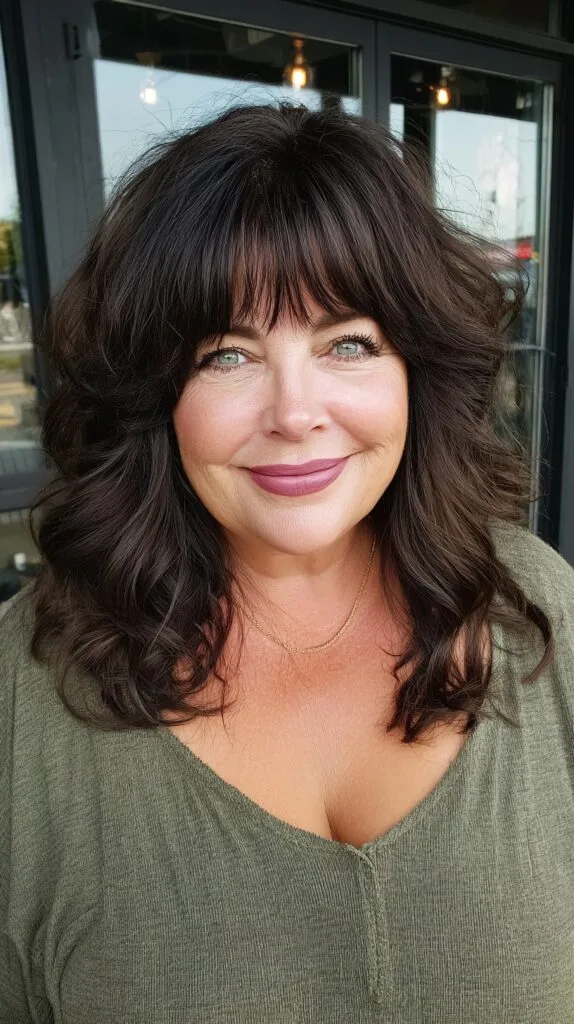 Voluminous Chocolate Shoulder Shag with Wispy Short Fringe