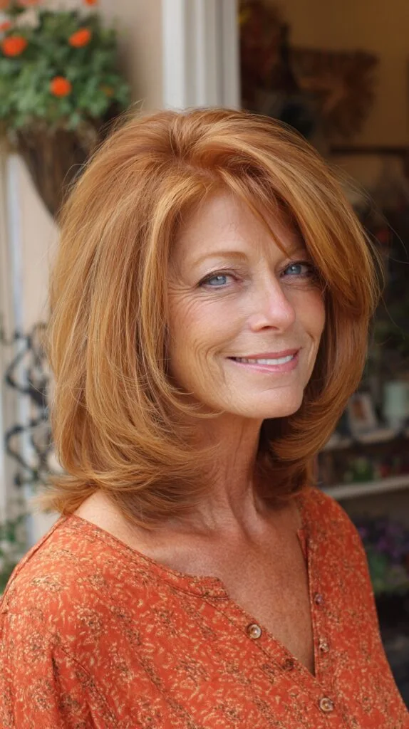 Voluminous Copper Interior-Beveled Long Bob with Face-Framing Sweep