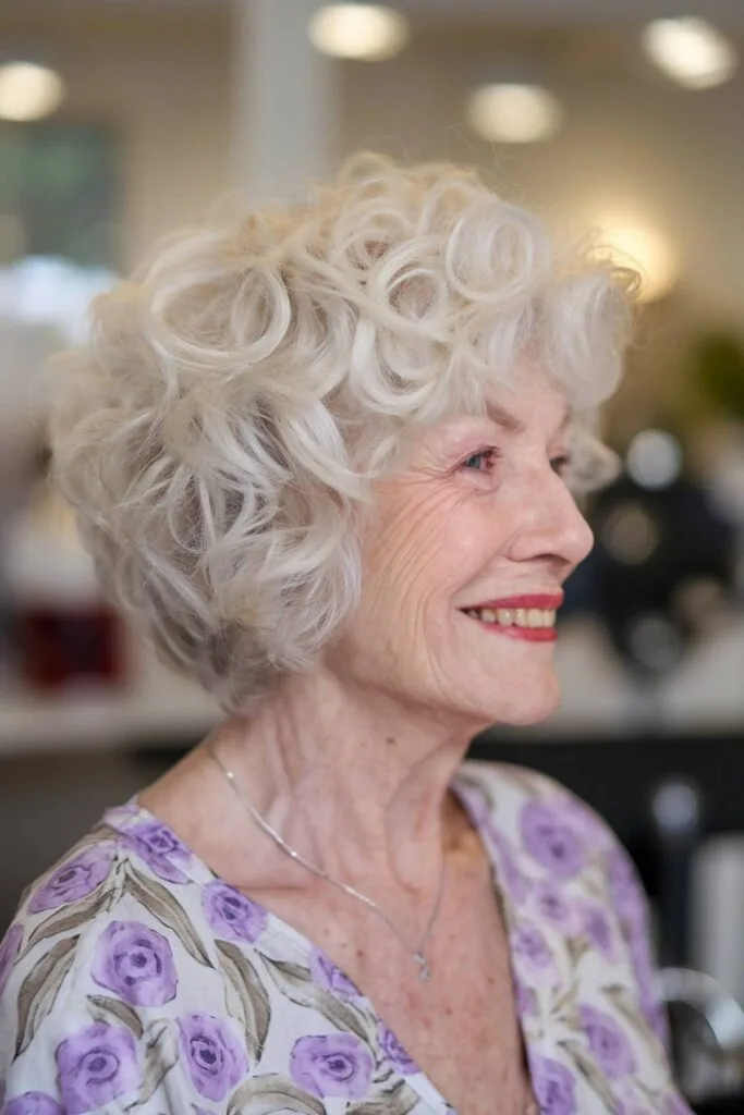 Voluminous curly angled bob with defined ringlets, adding bounce and movement for older women with natural curls