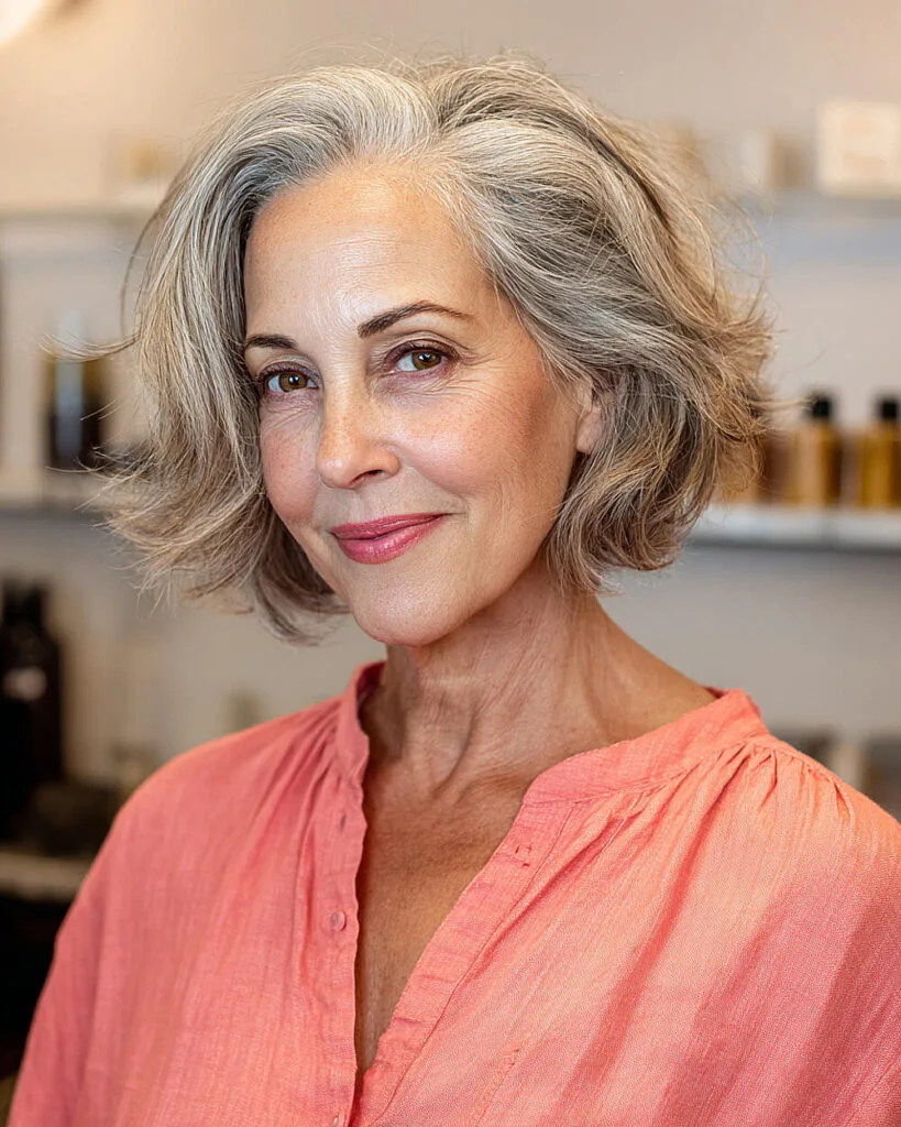 Voluminous feathered cut with side sweep on thick salt and pepper hair, perfect for adding lift for women over 60