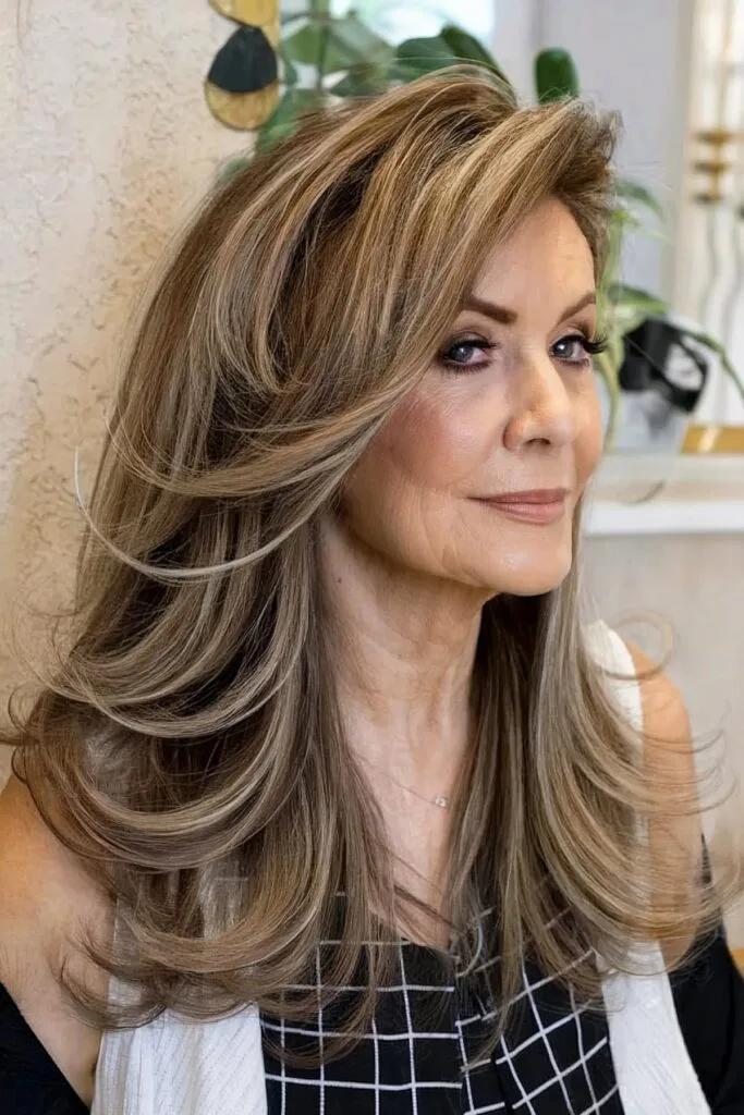 Voluminous Long Feathered Layers and Bangs on Older Ladies Past 60 with Brunette Hair