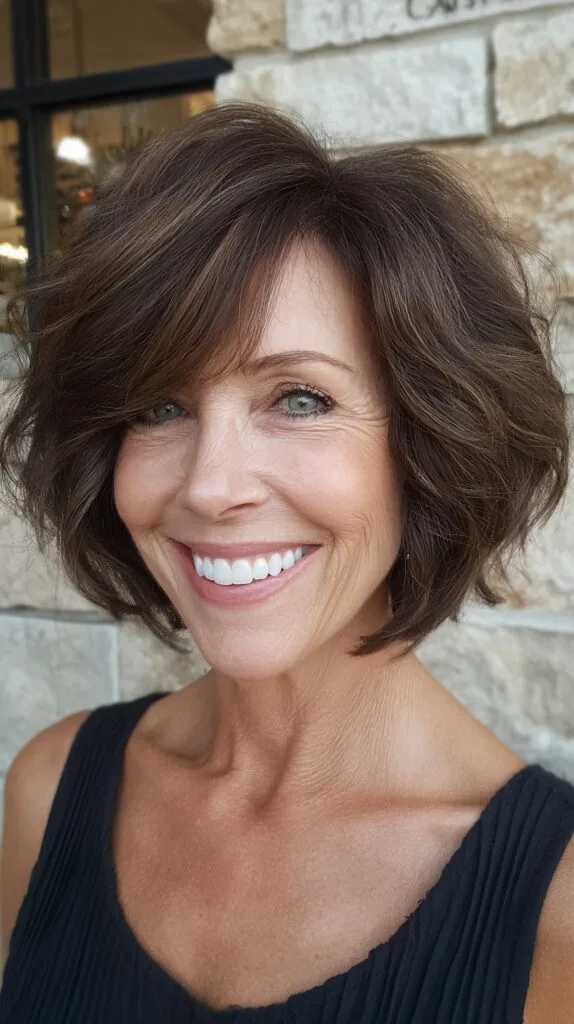 Voluminous Textured Chin-Length Shag with Side-Swept Fringe