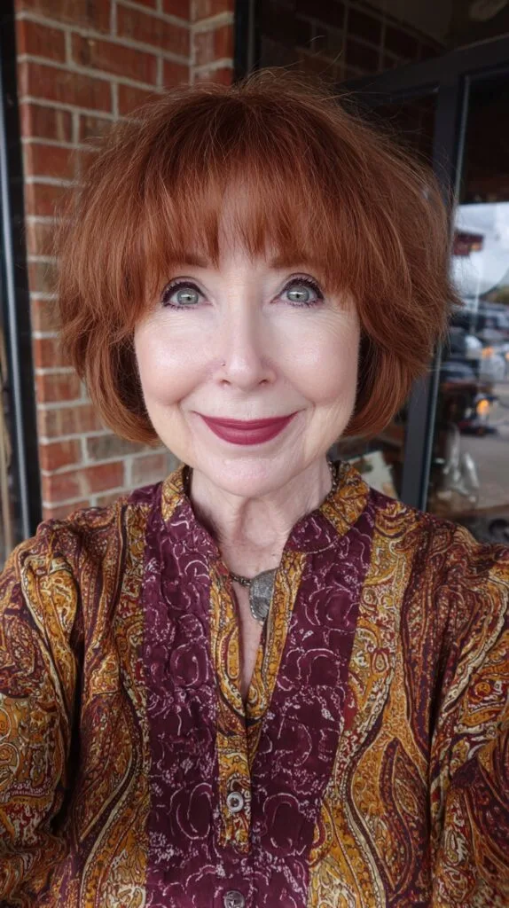 Warm Auburn Rounded Bob with Textured Micro-Bangs and Crown Lift
