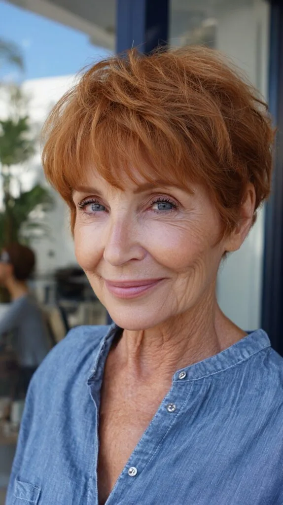 Warm Auburn Short Textured Pixie with Wispy Micro-Fringe