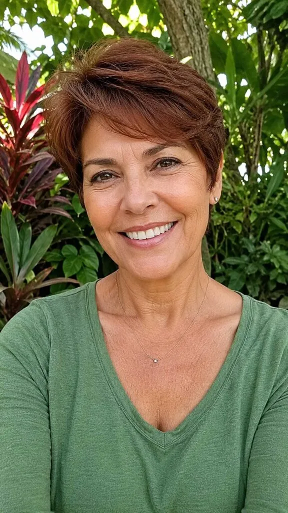 Warm auburn swept long pixie with natural movement