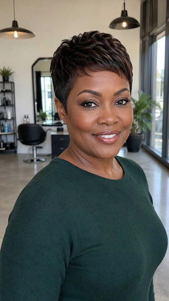 Warm black sculpted pixie with finger waves on top