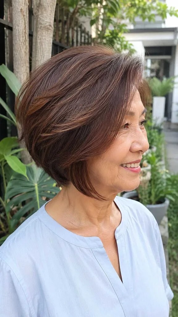 Warm brown layered angled bob with gentle volume