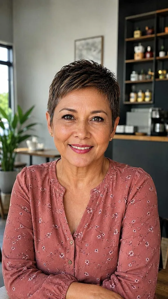 Warm brunette feathered short pixie on woman over 50