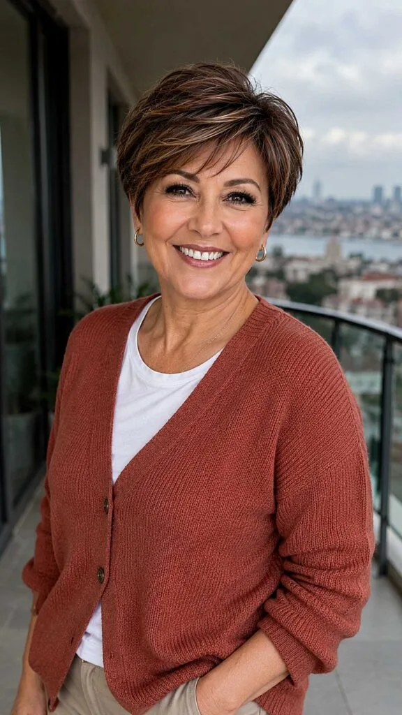 Warm Brunette Pixie with Feathered Crown and Wispy Fringe