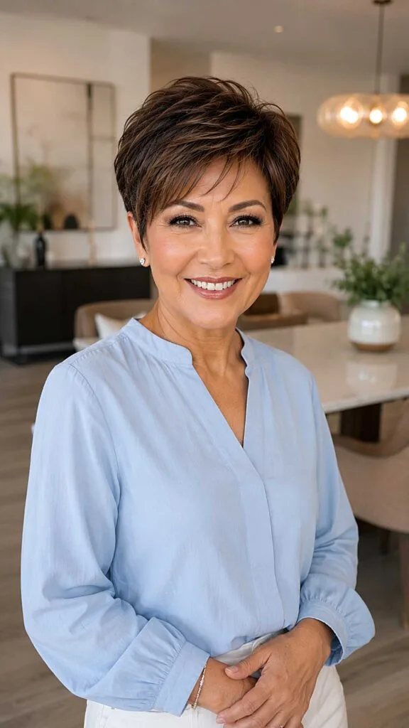 Warm Brunette Pixie with Razored Crown and Forward Movement