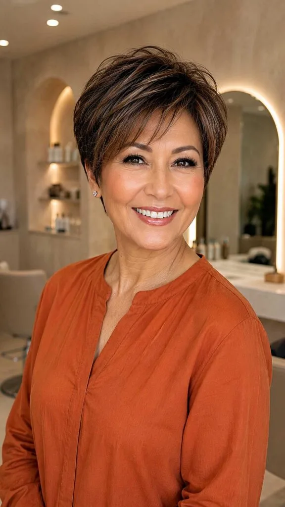 Warm Brunette Pixie with Swept Fringe and Point-Cut Ends