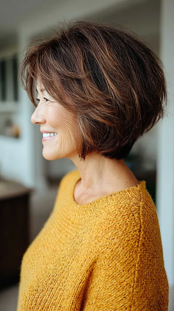 Warm brunette textured bob with auburn highlights