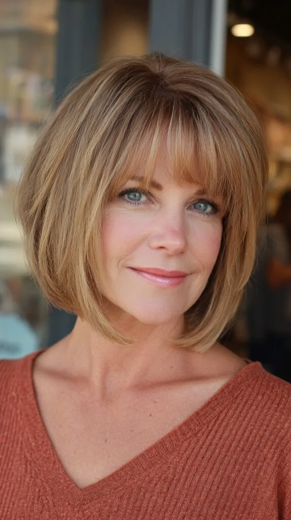 Warm Caramel Layered Bob with Textured Fringe
