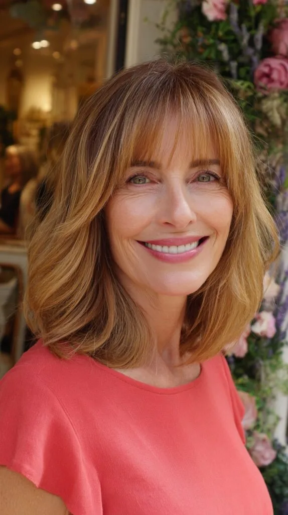 Warm Caramel Layered Shoulder-Length with Soft Micro-Bangs