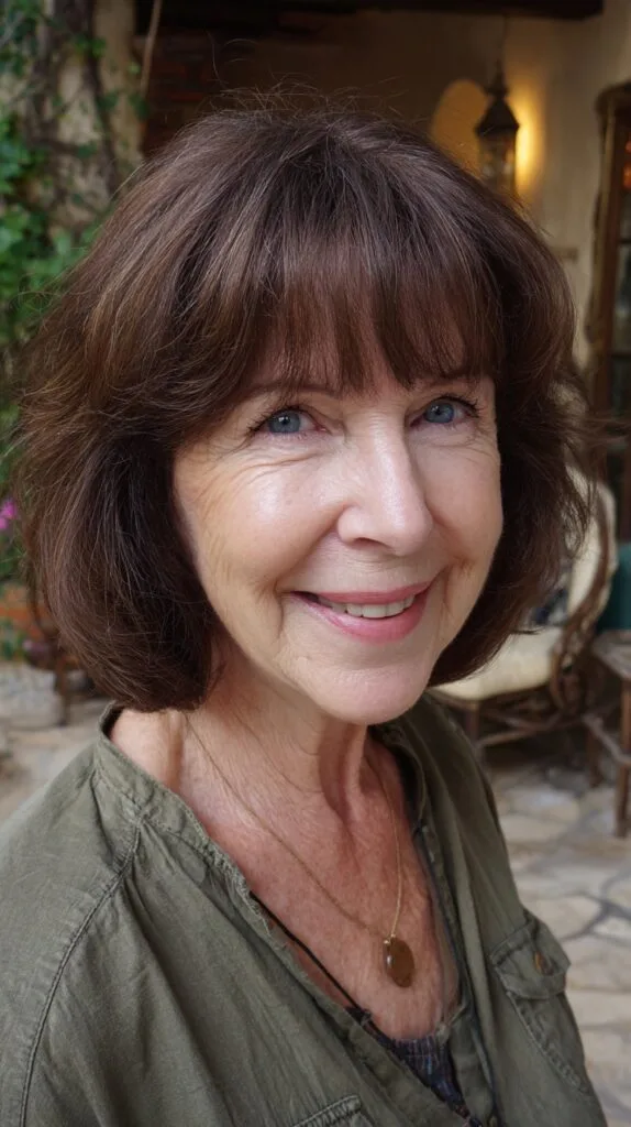 Warm Chestnut Layered Bob with Side-Swept Bangs