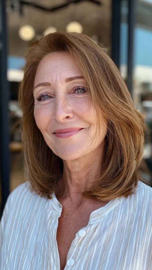 Warm Chestnut Long Bob with Rounded Interior Layers