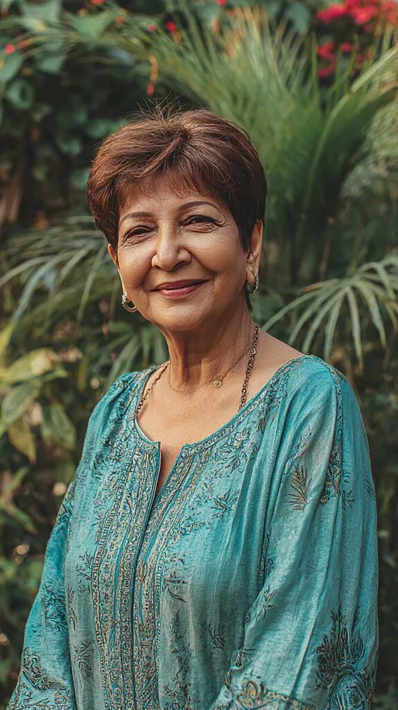 Warm chestnut long pixie with soft volume on older woman