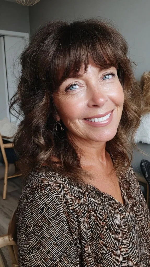Warm Chestnut Medium Shag with Soft Blended Fringe and Natural Root Lift