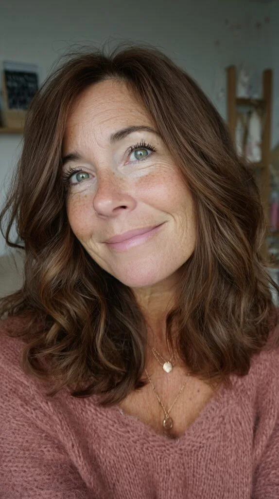 Warm Chestnut Shoulder-Length Waves with Soft Face-Framing Layers