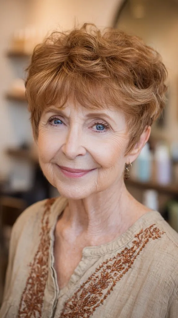 Warm Copper Feathered Pixie with Soft Micro-Fringe and Crown Texture