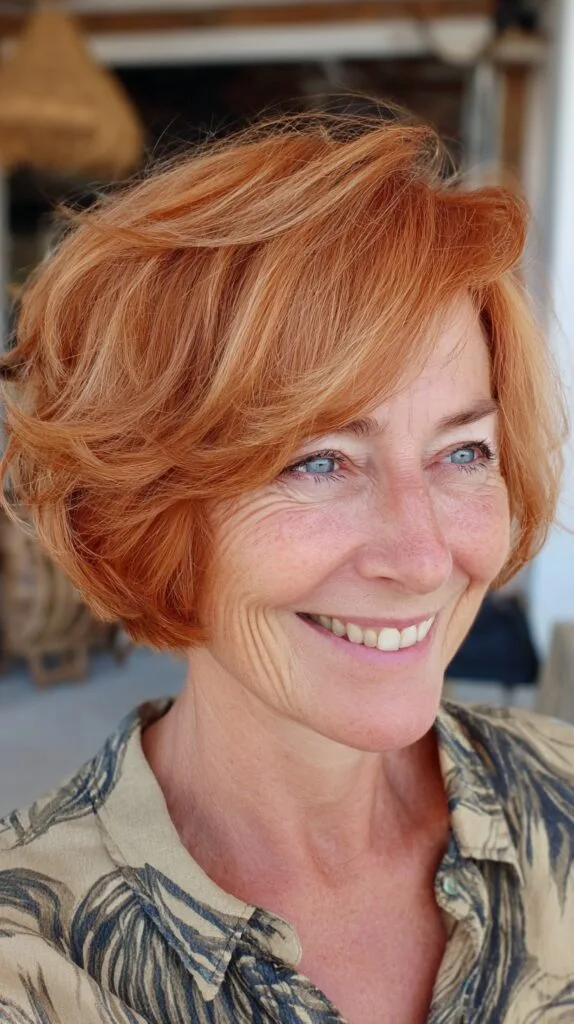 Warm Copper Feathered Short Bob with Lifted Crown