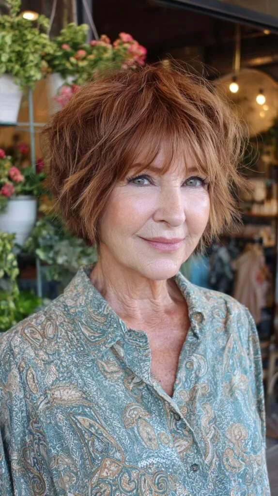 Warm Copper Shaggy French Bob with Soft Face-Framing Fringe