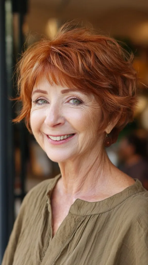 Warm Copper Short Wolf Cut with Choppy Layers and Lifted Crown
