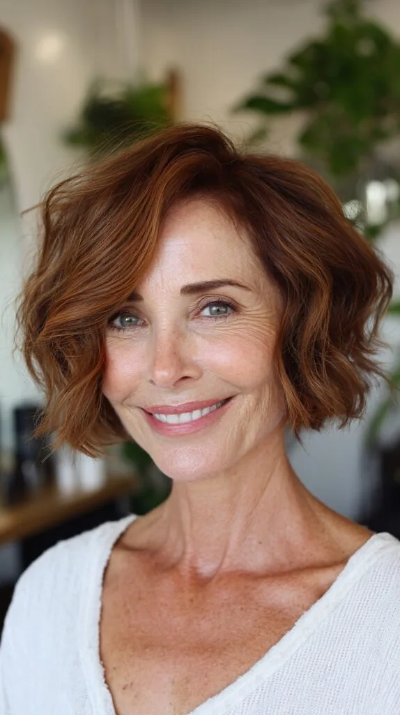 Warm Copper Textured Chin-Length Bob with Side-Swept Layers