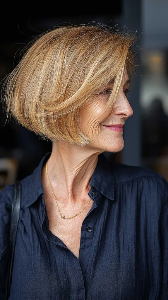 Warm honey blonde chin-grazing angled bob