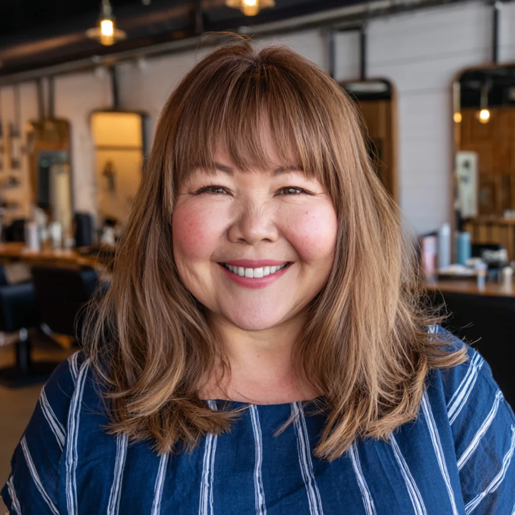 Warm Layered Light Brown Hair with Soft Bangs