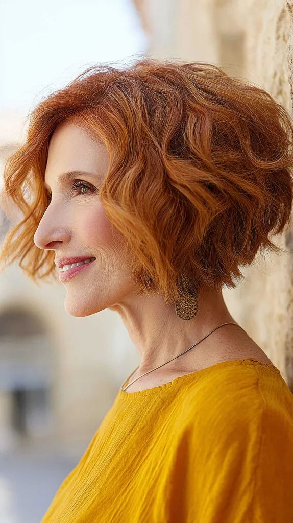 Wavy copper red angled bob with tousled texture