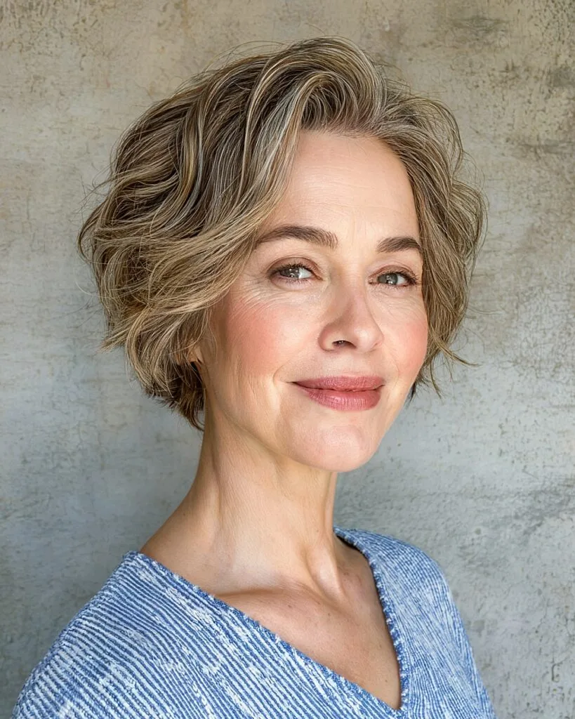 Wavy pixie bob cut with soft volume and face-framing layers for women over 50
