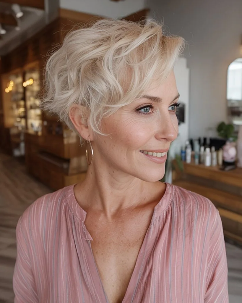 Wavy pixie cut with airy layers and blonde tone for fine hair over 50