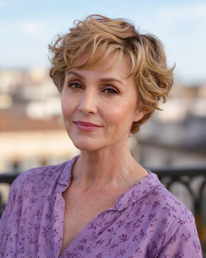 Wavy pixie cut with honey blonde highlights and layered texture for women over 50