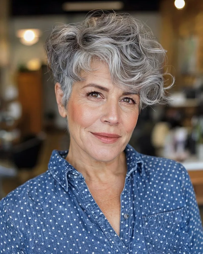 Wavy pixie cut with natural gray color and soft bangs for women over 50
