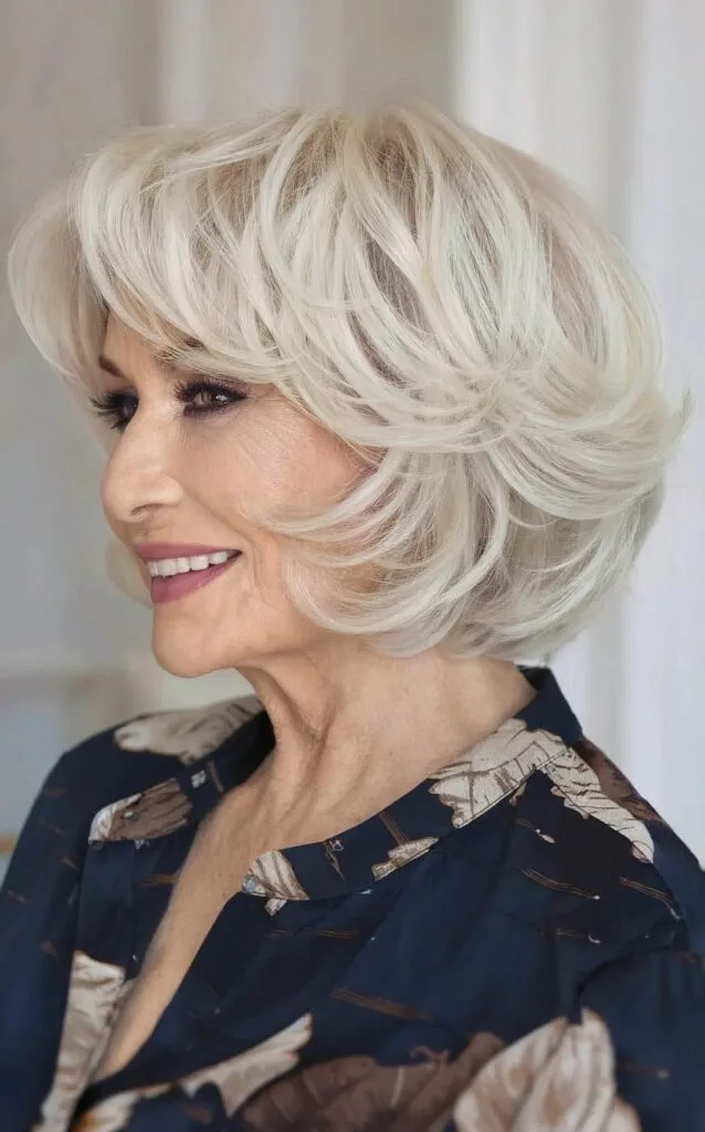 Wavy Platinum Bob with Feathered Flicked Layers for 60-year-old Ladies