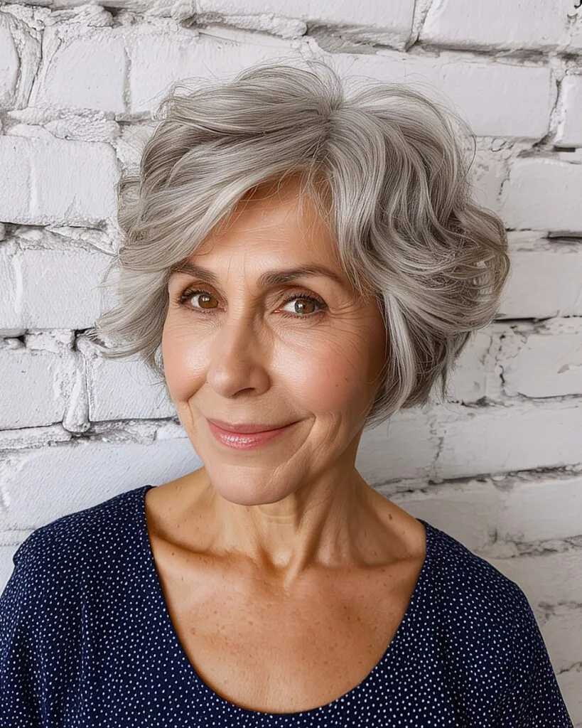 Wavy textured pixie bob for silver-haired older women with medium hair density