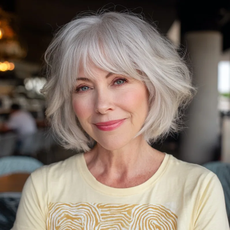 Wispy Layered Silver Bob with Soft Bangs