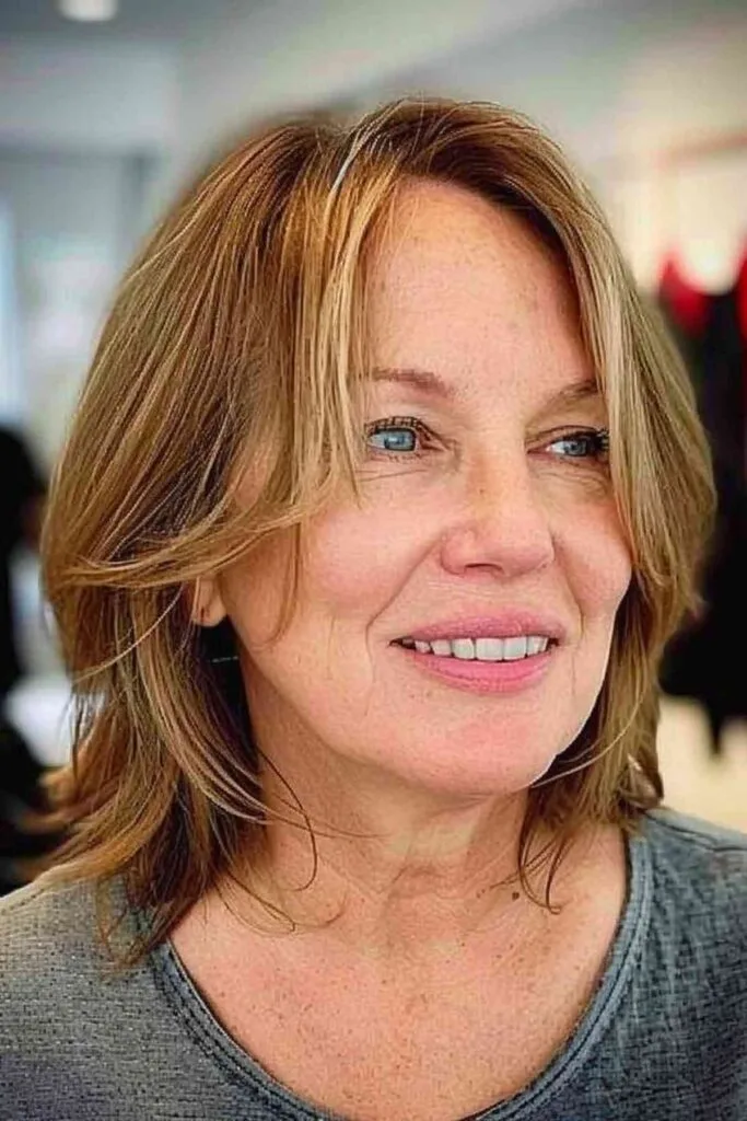 Woman over 50 with a layered bob hairstyle and curtain bangs, adding dimension and modern style.