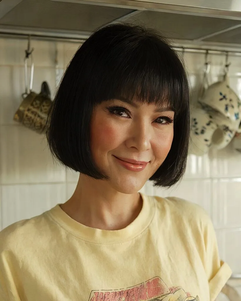 90s-inspired short bob with fringe for straight black hair and defined volume