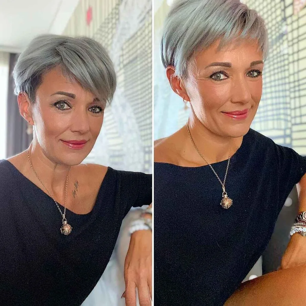 A sixty year old with an Elegant Silver Pixie with Bangs