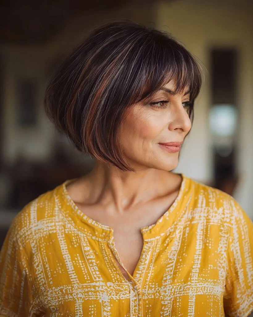 Angled bob haircut with bangs and dimensional highlights for older women