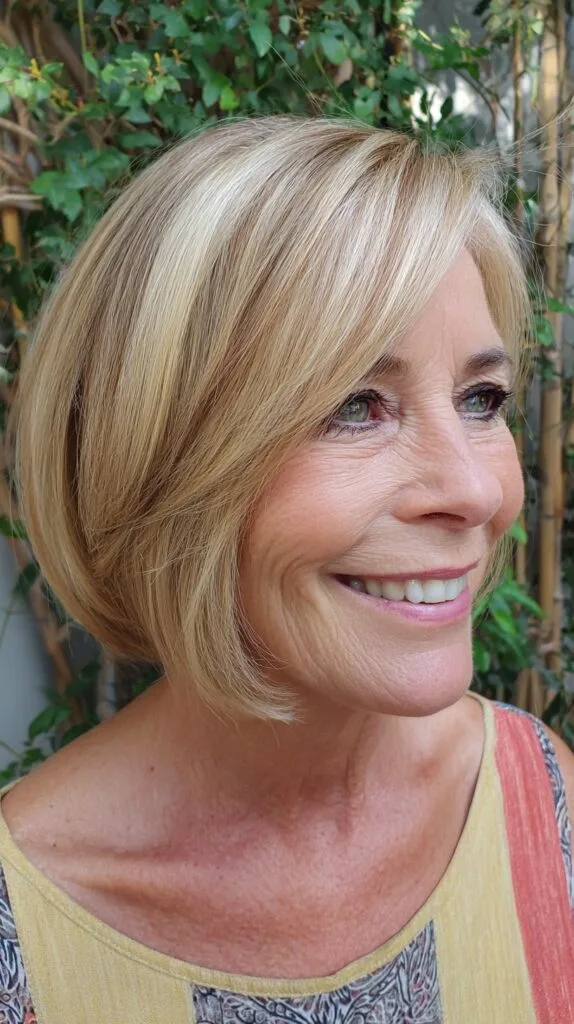 Angled Chin-Length Blonde Bob with Side-Swept Fringe