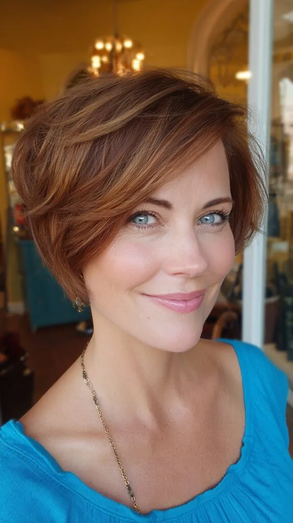 Angled Copper Pixie-Bob with Face-Framing Graduation