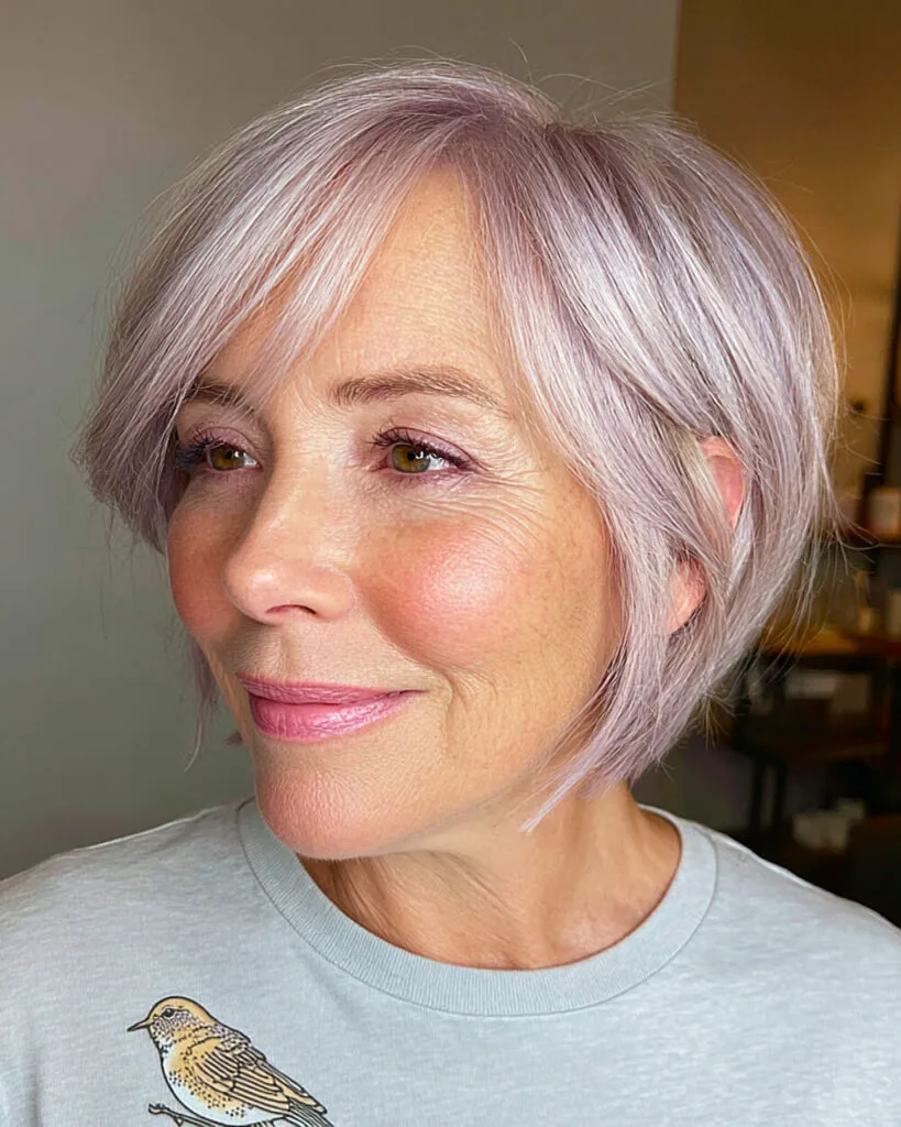 Angled pixie bob with a subtle pastel hue for mature women