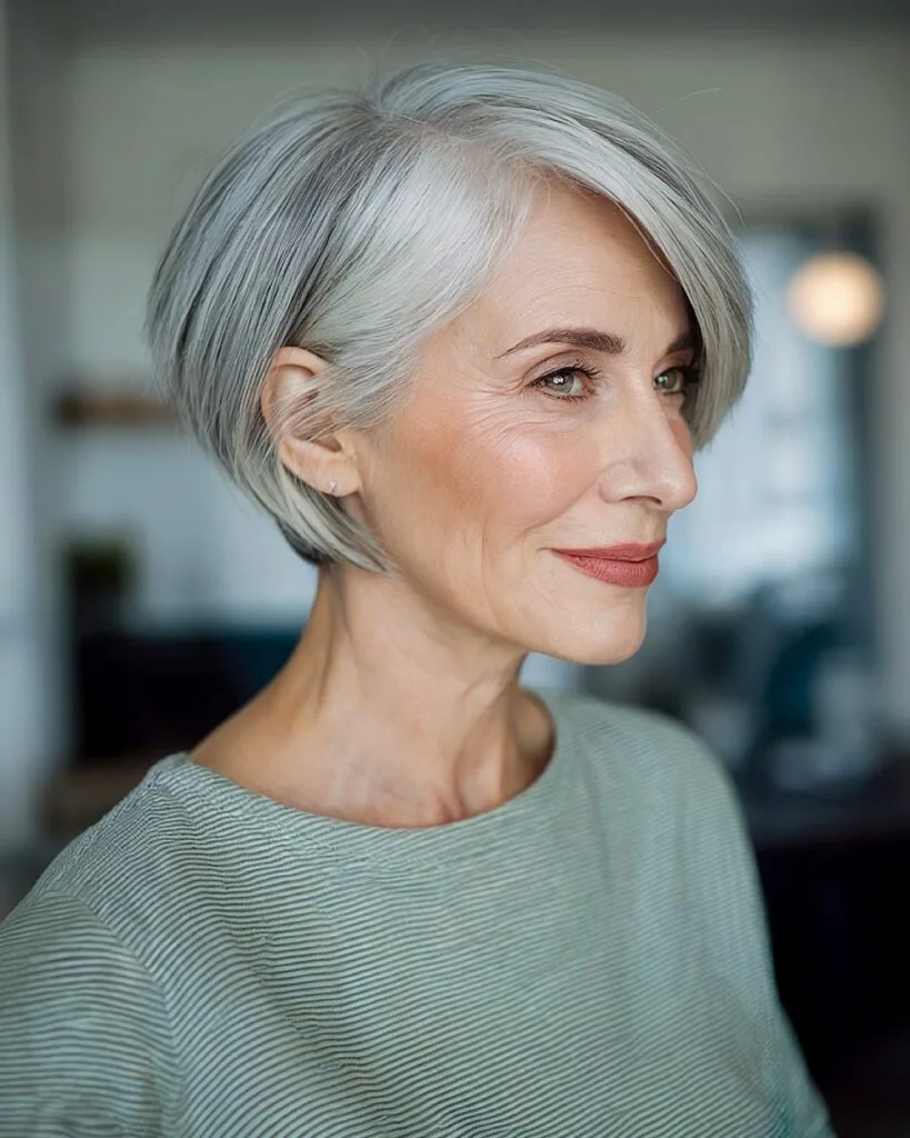 Ash grey butterfly pixie bob with sleek side layers and precision-cut shape for older women
